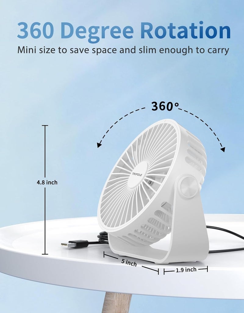 TriPole USB Desk Fan Portable Mini Fan Powerful 3 Speeds Wind Personal Desktop Fan with 360° Head Rotation for Home Office Car Indoor Outdoor White, No Battery, 4.5 Inches - Image 5